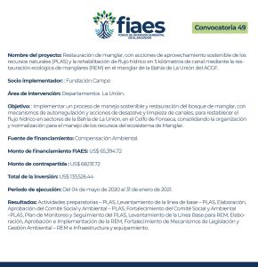 Restauración de manglar, con acciones de aprovechamiento sostenible de los recursos naturales (PLAS) y la rehabilitación de flujo hídrico en 5 kilómetros de canal mediante la restauración ecológica de manglares (REM) en el manglar de la Bahía de La Unión del ACGF.